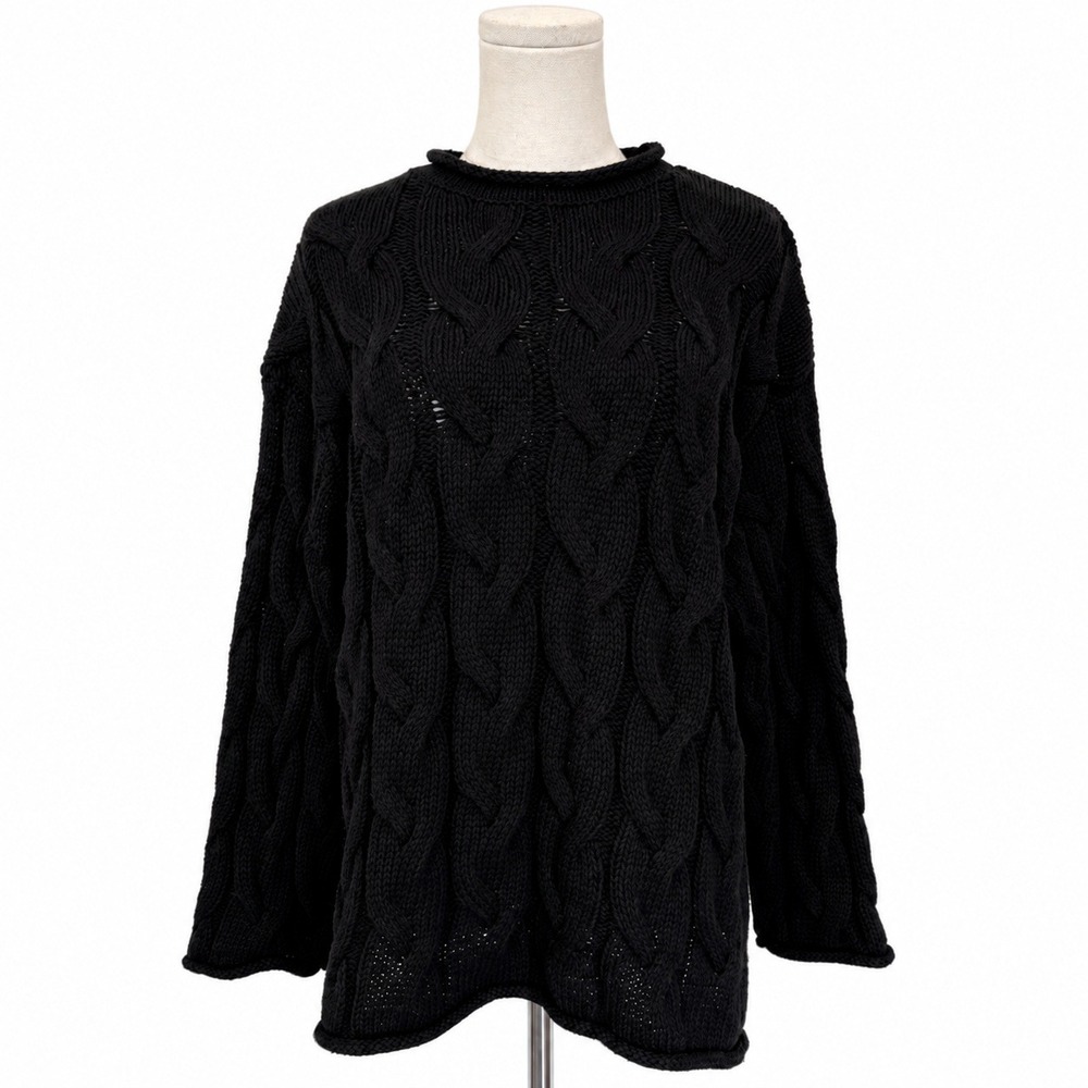 Zara Black Cable Knit Sweater M Cotton Blend Oversized Roll Edge Pullover Nordic